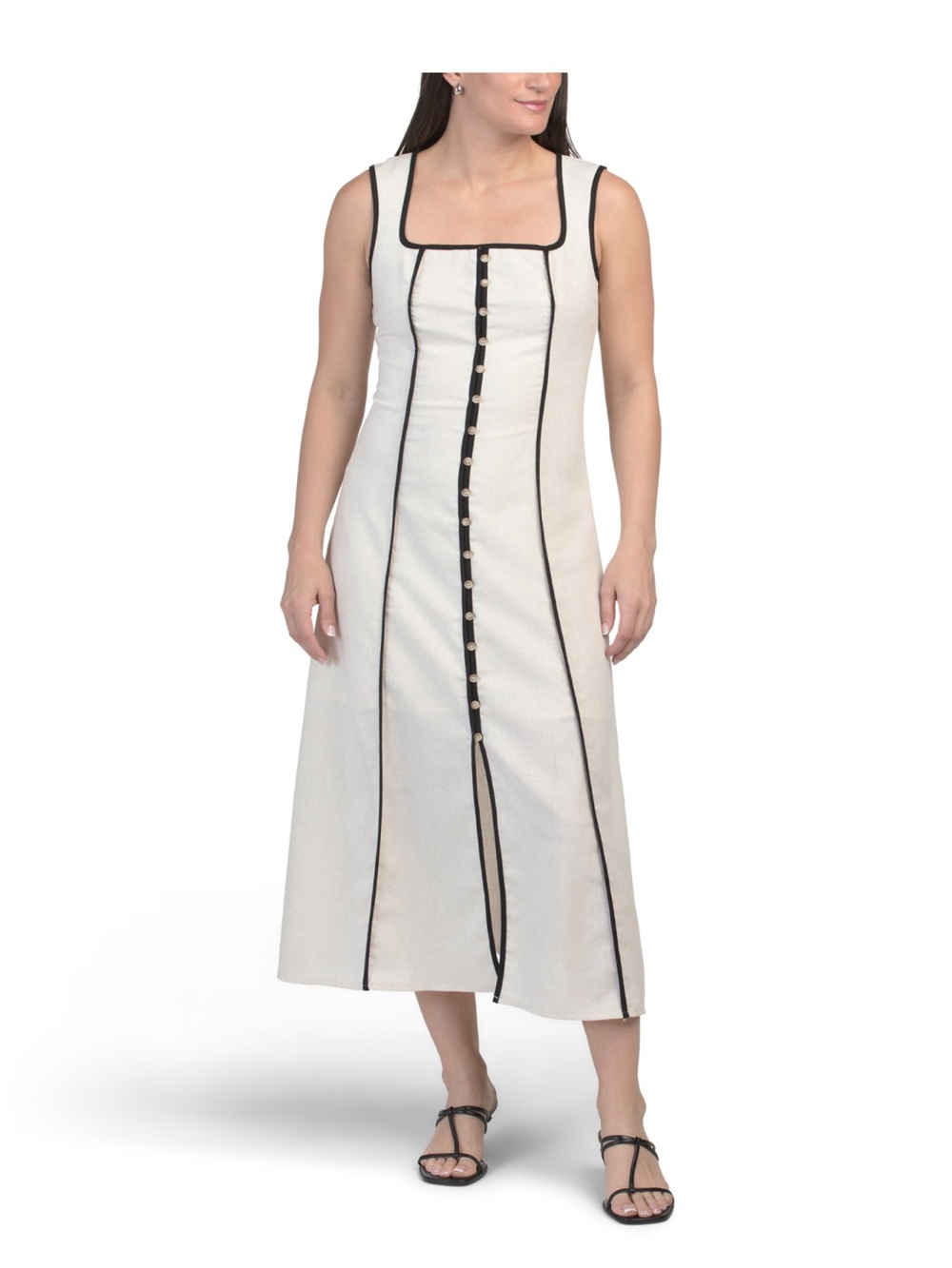 Square Neck Button-Front Midi Dress in Cream with Black Trim